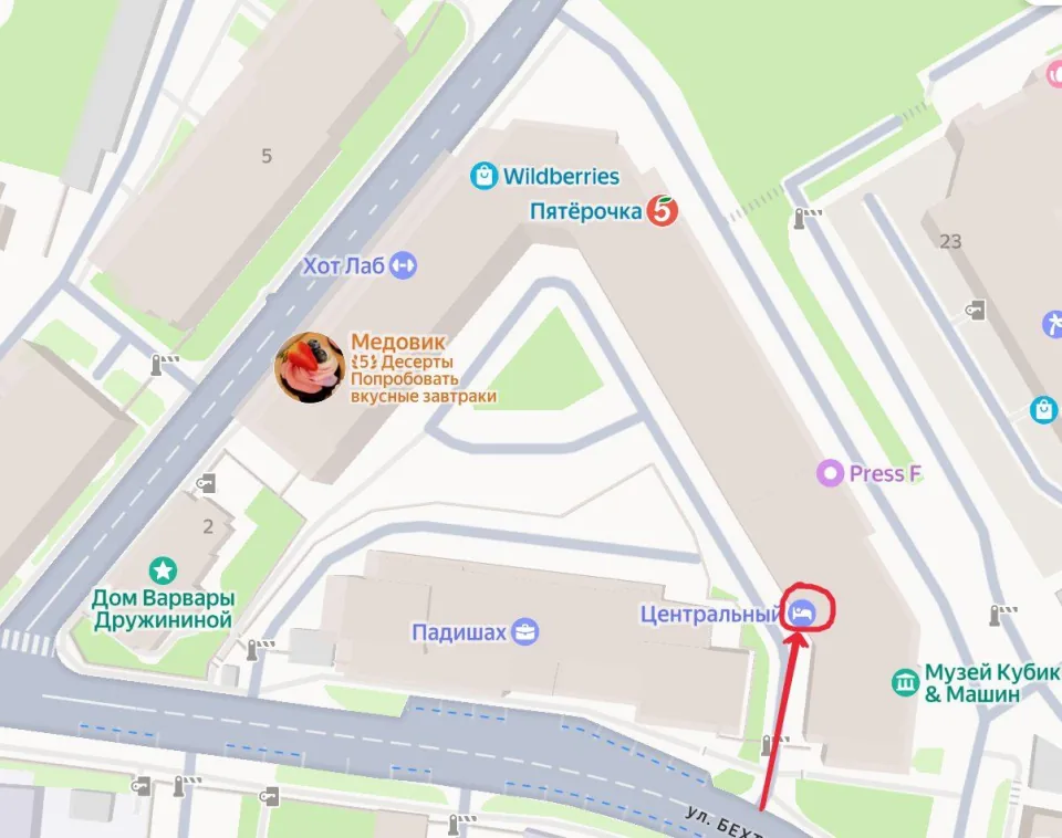 Схема прохода от улицы Бехтерева ко входу в апарт-отель Центральный